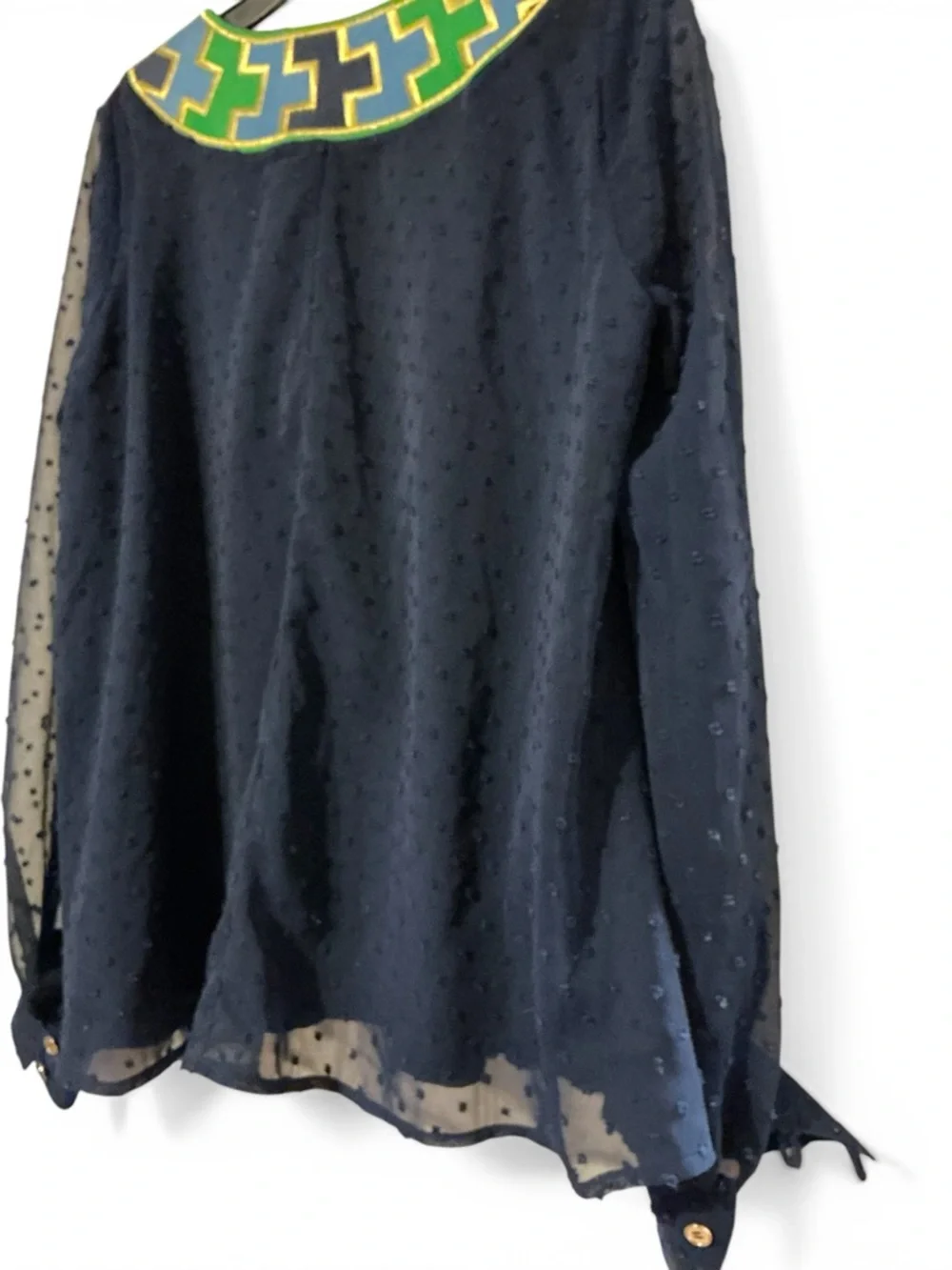 C.K. Bradley Navy Blouse with Green & Blue V-Neck Trim Womens Small Boho - Picture 4 of 6